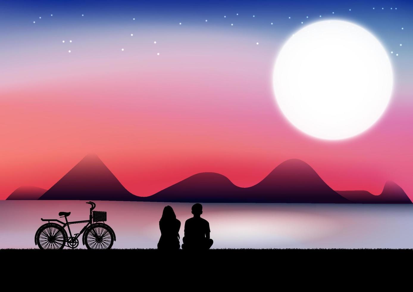 graphics drawing A couple love man and women sitting view nature moon and star with the reservoir and twilight silhouette night time wallpaper background vector illustration