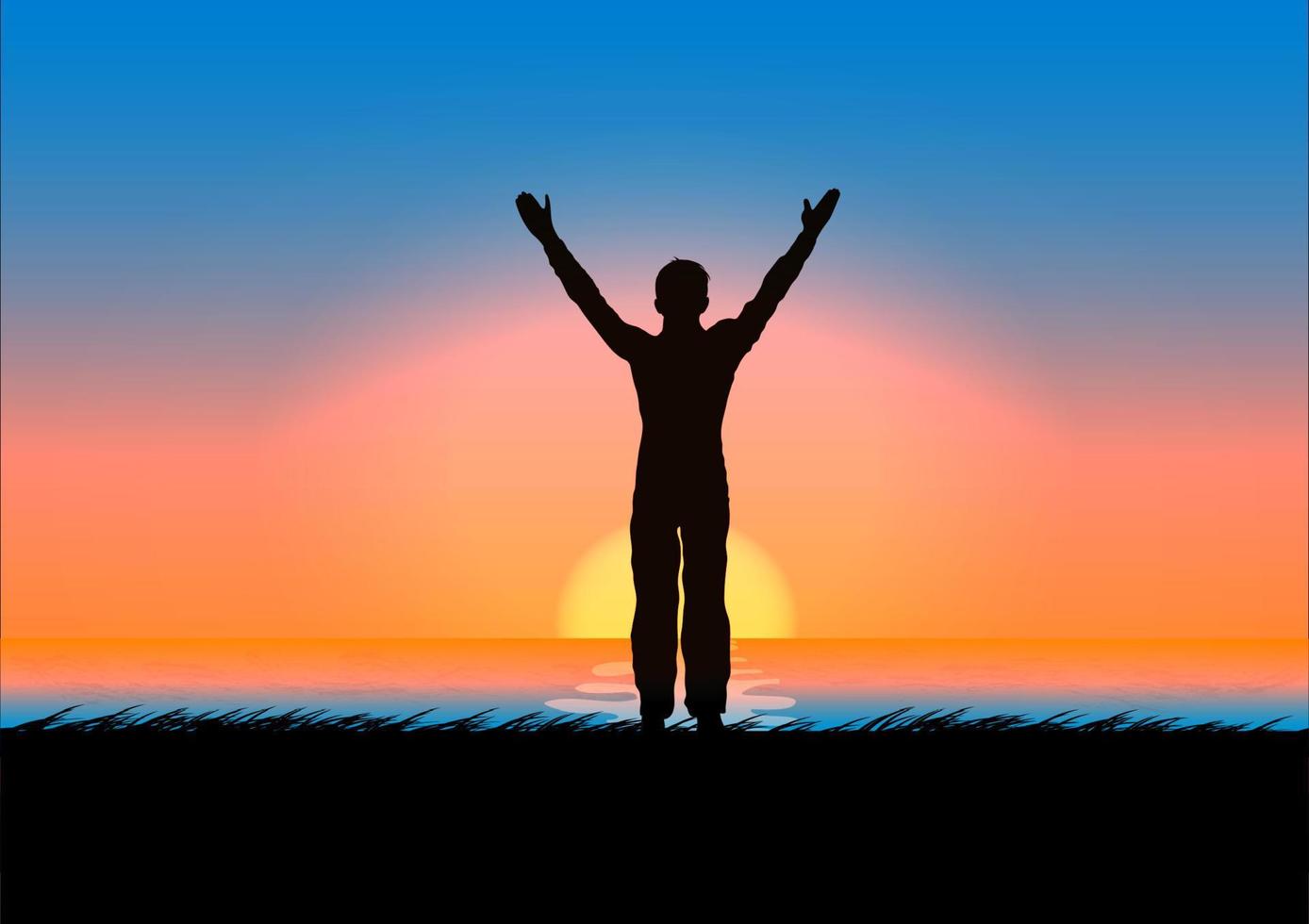 drawing concept silhouette Thanksgiving the man standing raise your hand with sunset background vector illustration