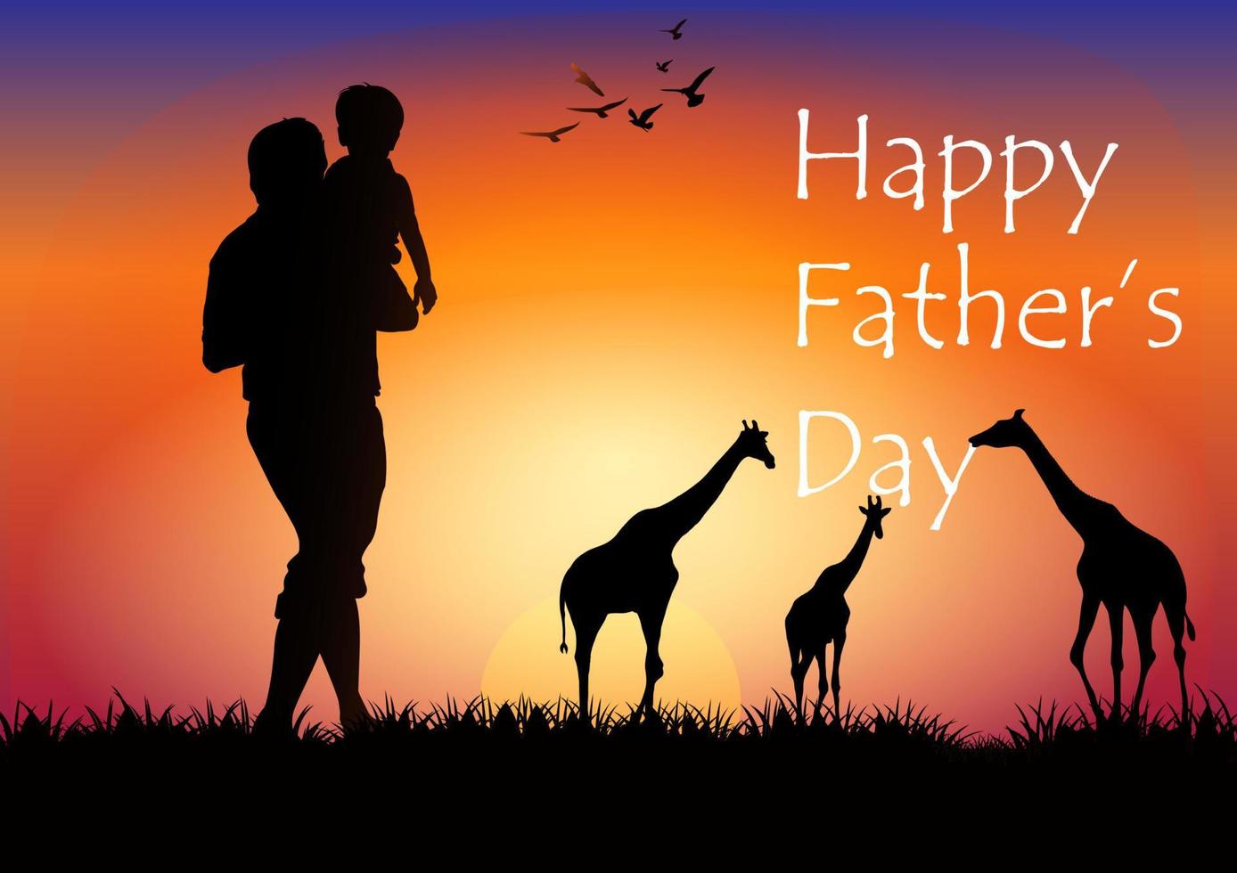 silhouette graphics Father holding the young on hands and look at the giraffe  outdoor of sunset with grass on the ground for greeting card vector illustration