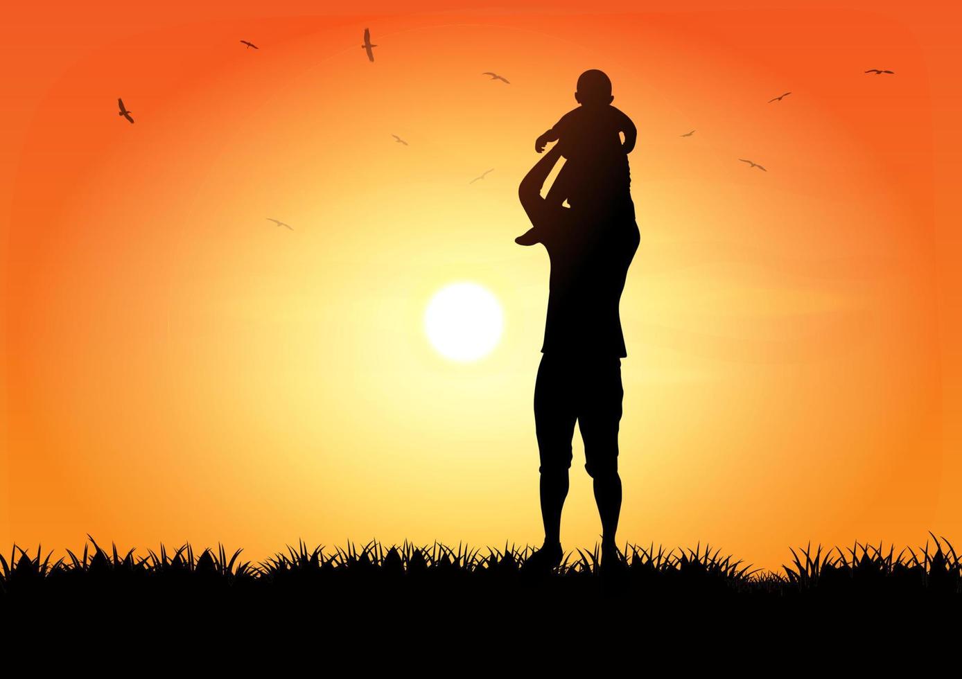 Graphics Design Father holding the young on hands with landscape view outdoor of sunset with grass on the ground for greeting card vector illustration