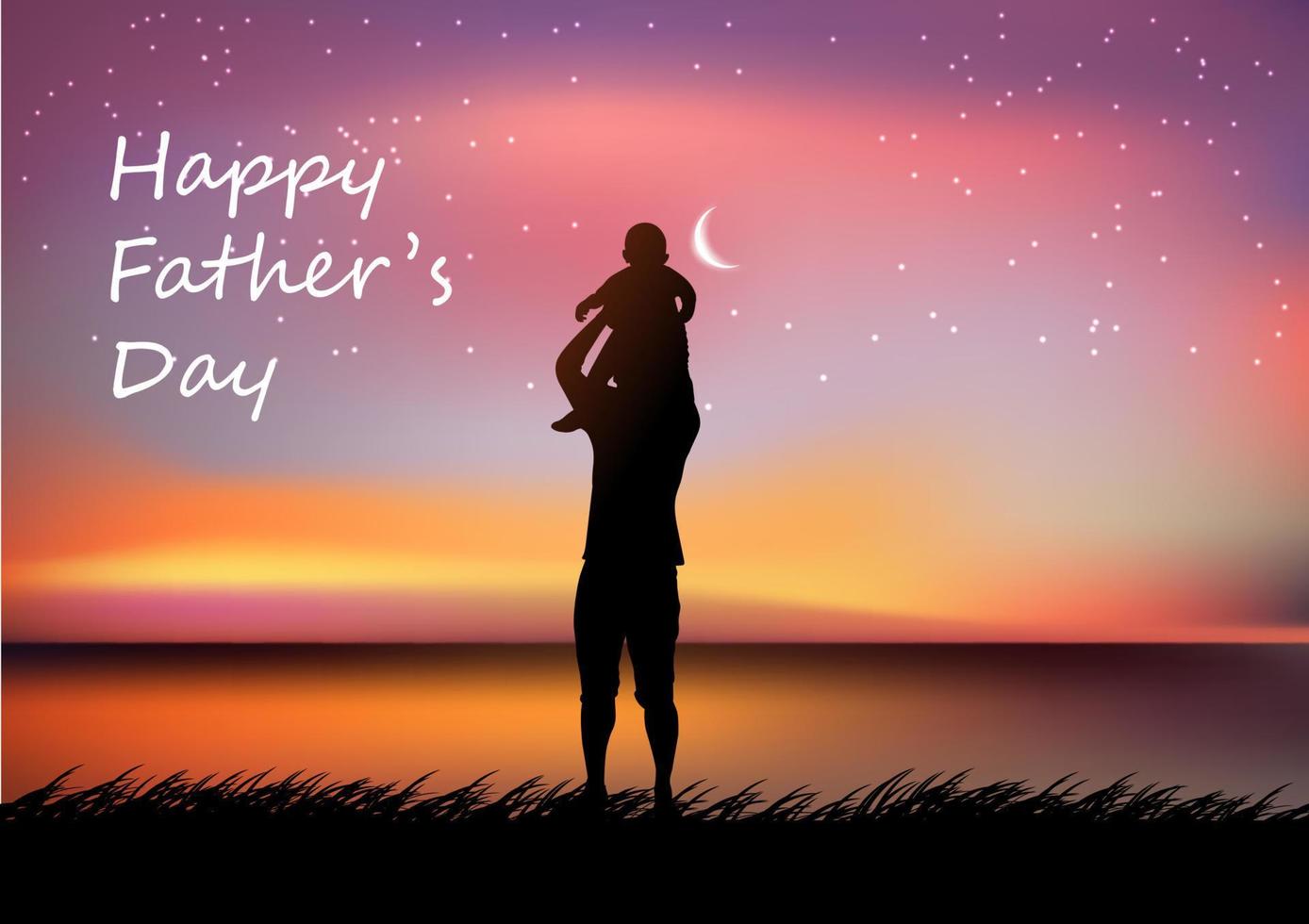 Graphics Design Father holding the young on hands with landscape view outdoor at night time for greeting card vector illustration