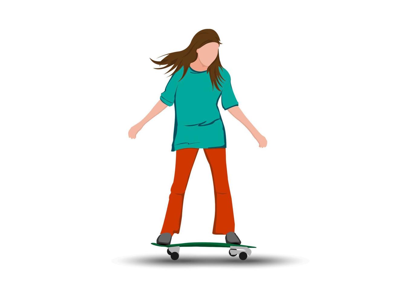 imagen vectorial chica personaje de dibujos animados montando una patineta o patinando surf ilustración fondo blanco vector