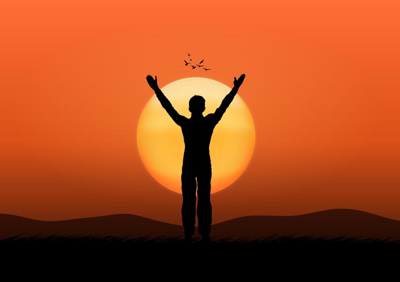 drawing concept silhouette Thanksgiving the man standing raise your hand with sunset background vector illustration
