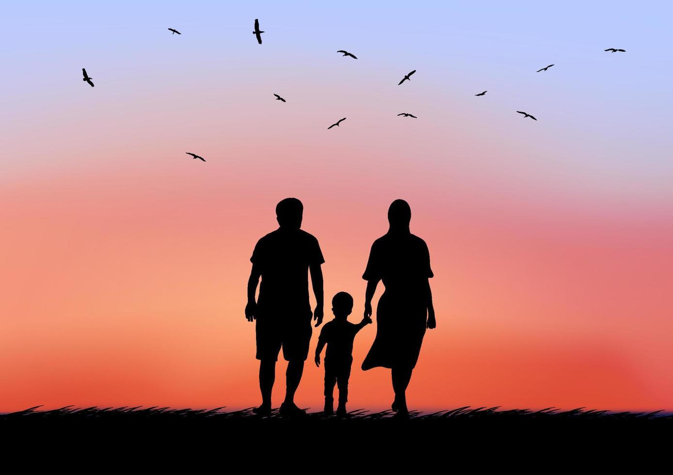 padre, madre e hijo con la silueta crepuscular de la naturaleza después de la puesta del sol en la ilustración del vector de fondo