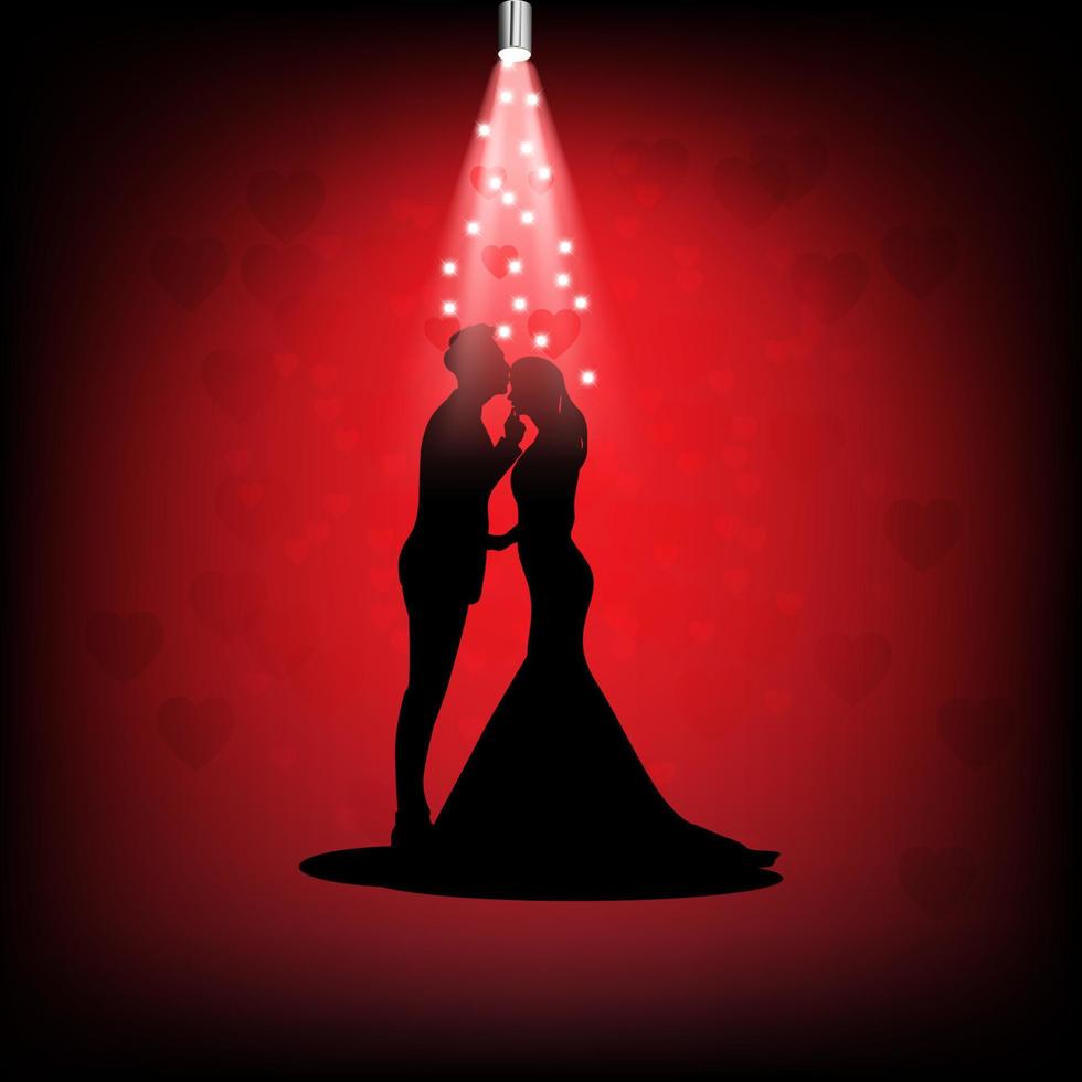 graphics image silhouette Bride And Groom Couple Wedding Dress with spotlight red color background vector illustration