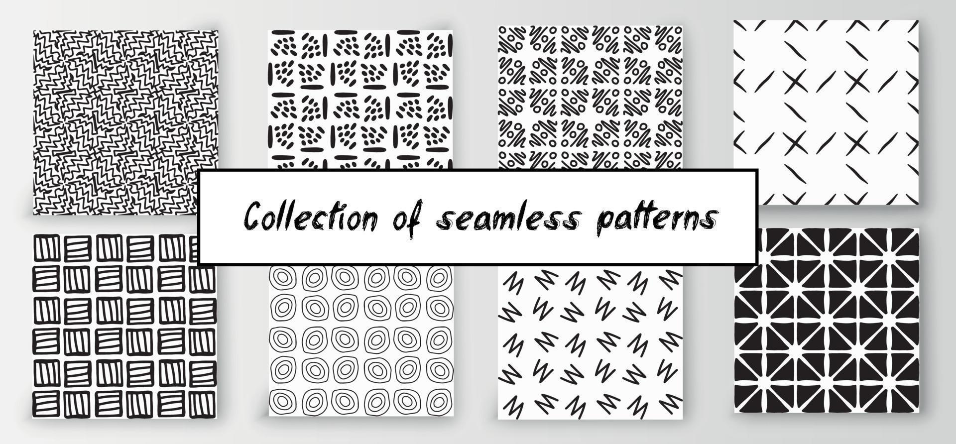 Set of seamless abstract geometric hand-drawn patterns. Modern creative background vector