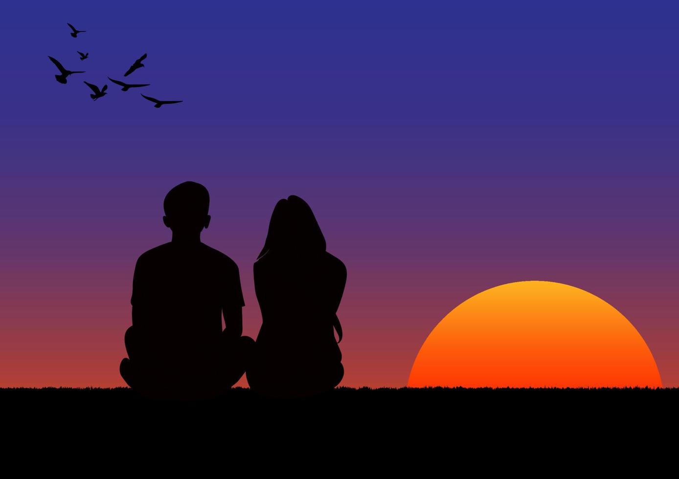 graphics drawing couple boy and girl sit with sunset or sunrise background and light orange and blue of sky vector illustration concept romantic