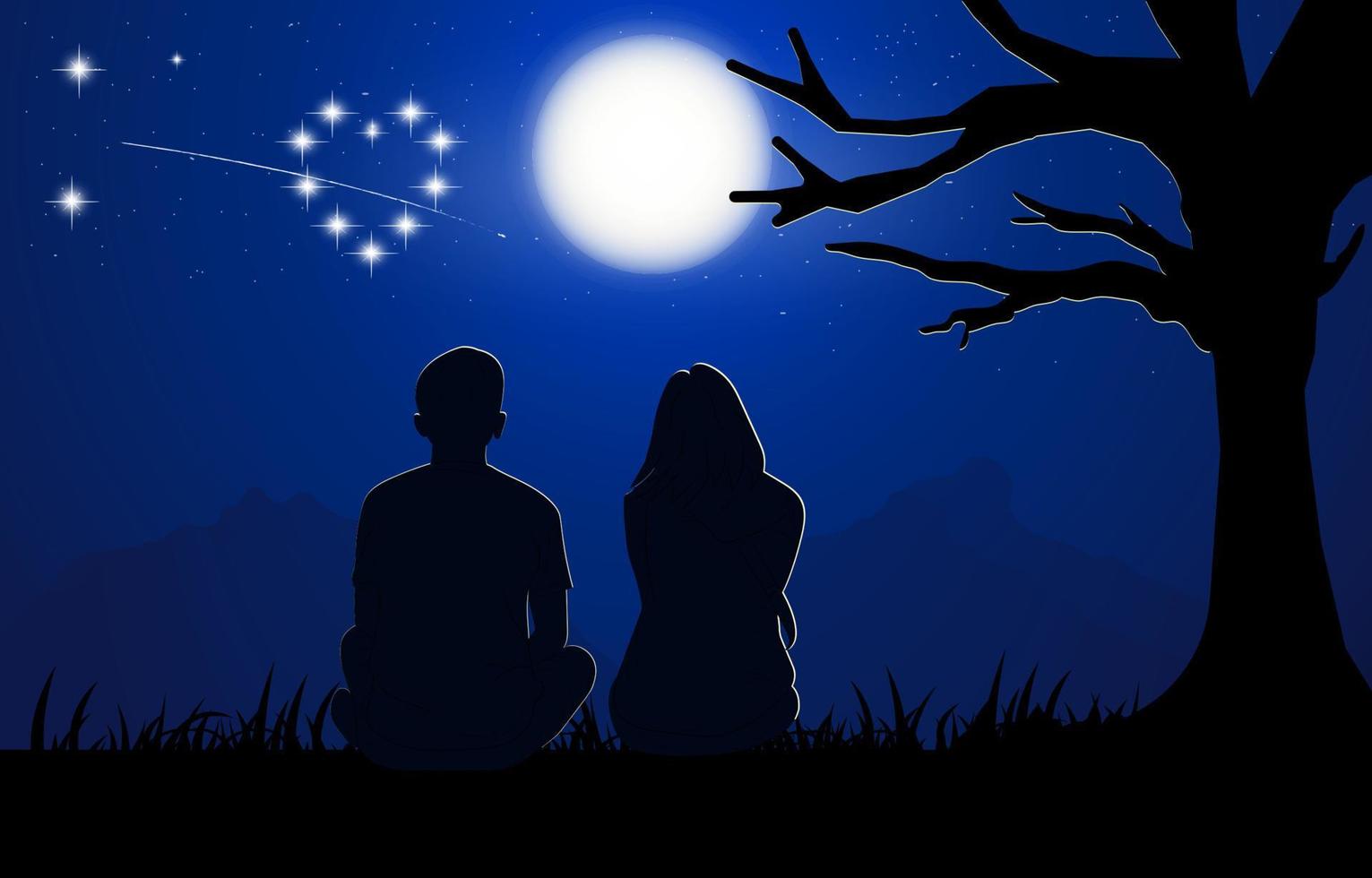 una pareja de hombres y mujeres sentados bajo un árbol con luna en el cielo por la noche diseño ilustración vectorial vector