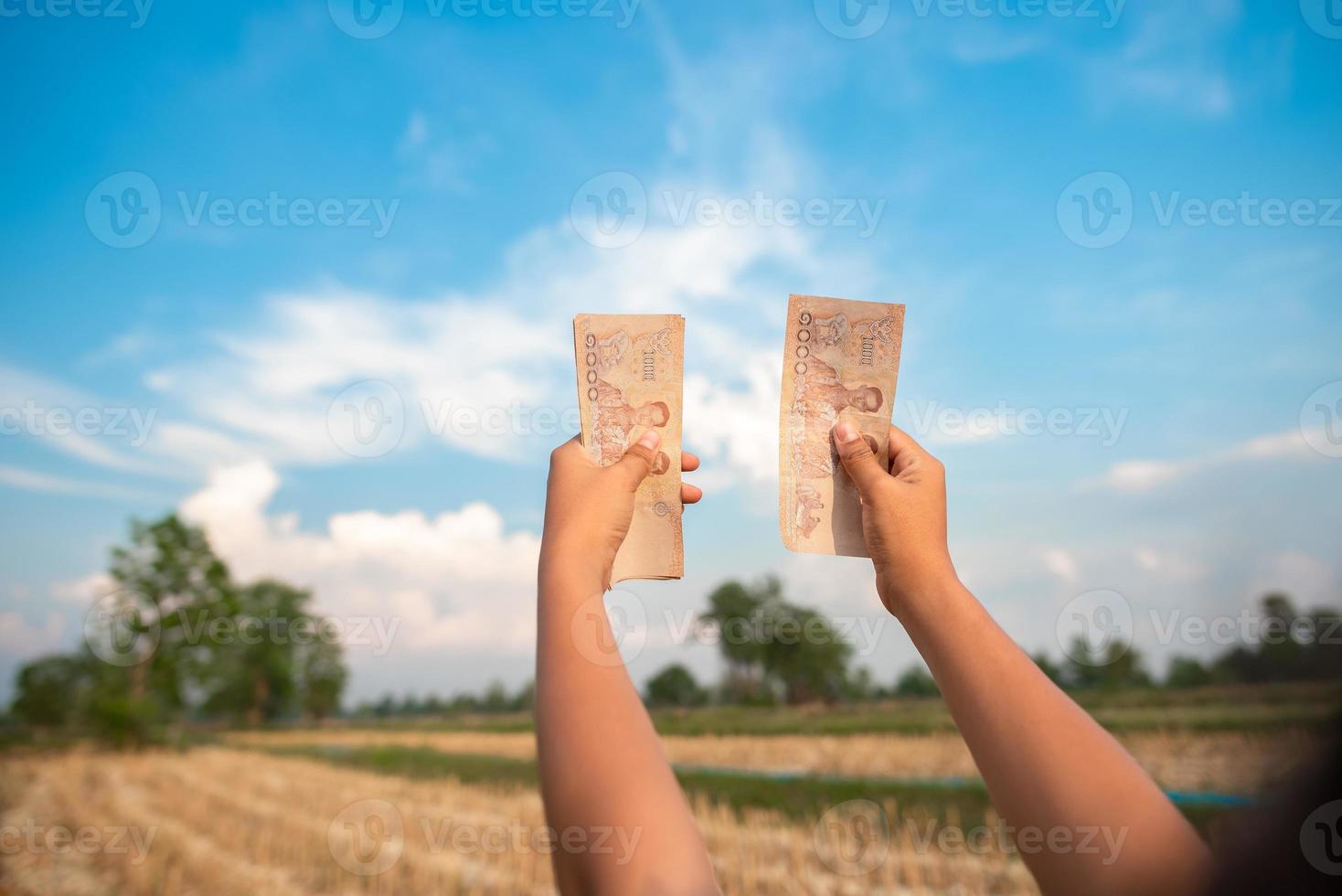 5,000 baht Thai bank notes that people receive from the government. photo