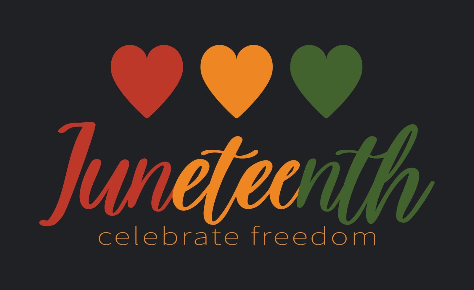 Minimalist Juneteenth horizontal banner design with 3 hearts red yellow green. Vector template for Juneteenth Freedom day with text logo. Celebration in USA