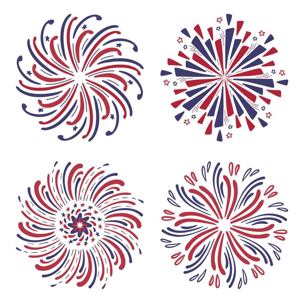 Hand drawn fireworks set, red and blue color of American flag for 4th of July. Festival firework explosions. Design element vector collection isolated on white background.