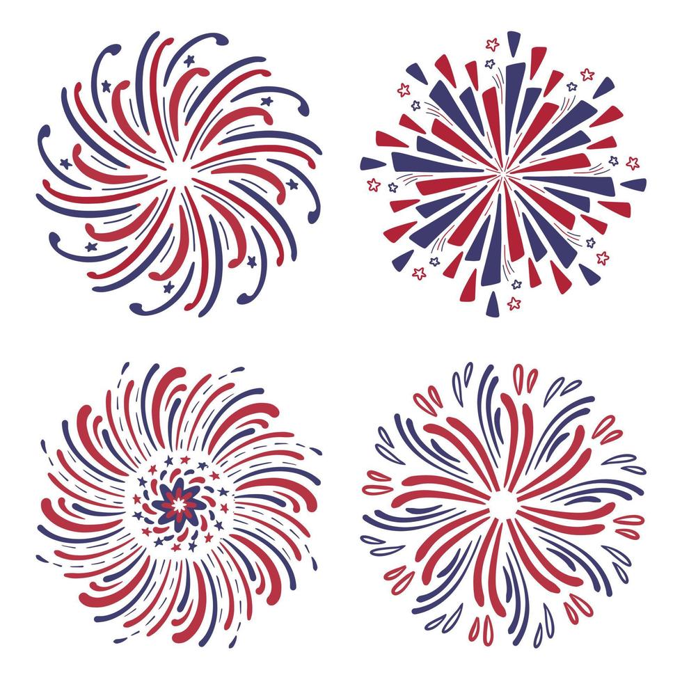 juego de fuegos artificiales dibujados a mano, color rojo y azul de la bandera americana para el 4 de julio. explosiones de fuegos artificiales del festival. colección de vectores de elementos de diseño aislada sobre fondo blanco.