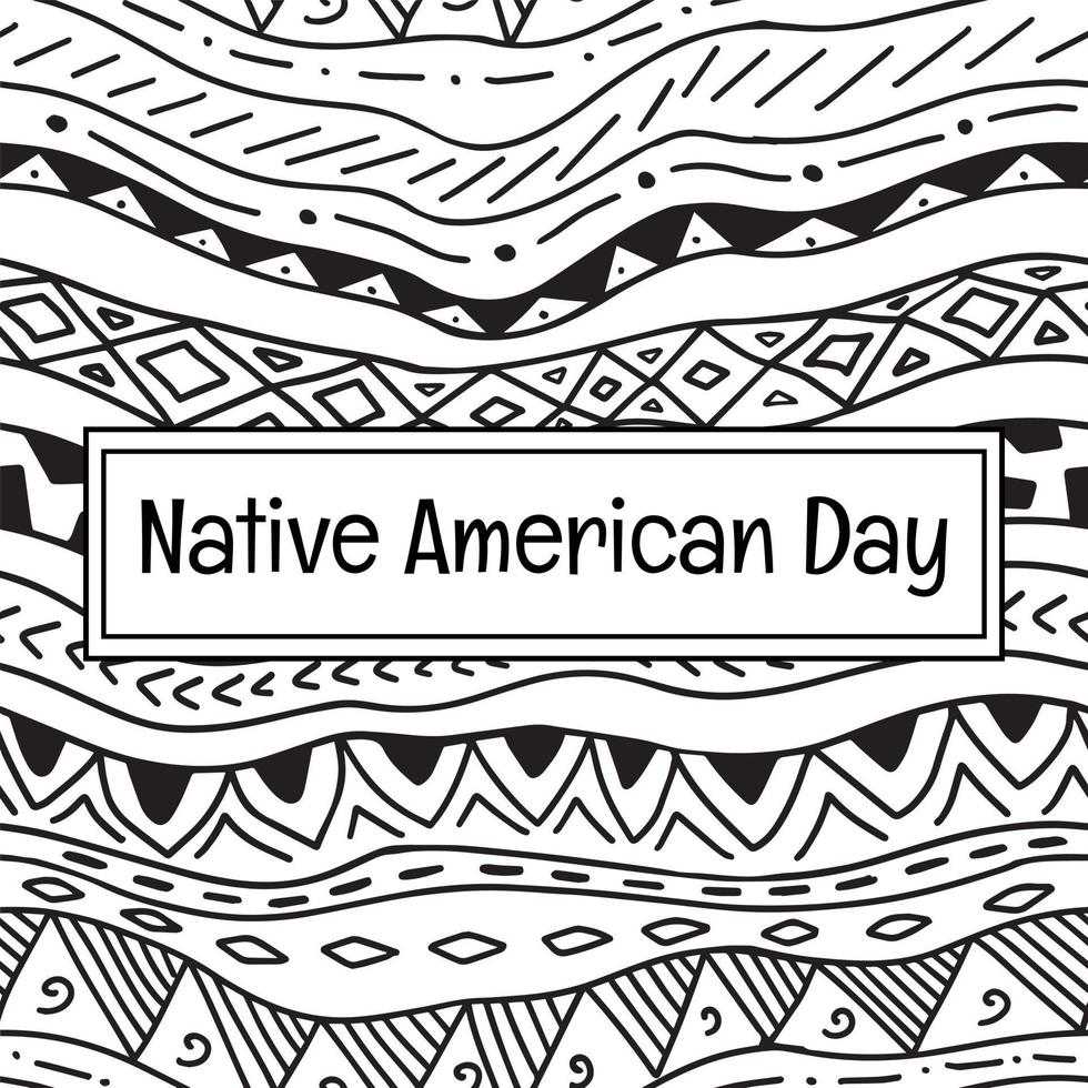 Native American Day banner with pattern background in ethnic tribal style. Hand drawn black and white horizontal stripes. Simple abstract folk native ornament vector