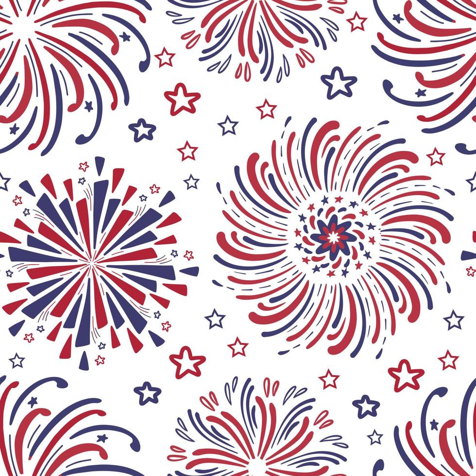 Hand drawn vector fireworks seamless pattern background.  Red and blue color of American flag for 4th of July Festival firework explosions on white backdrop