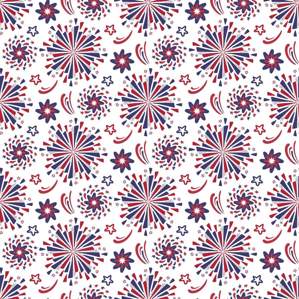 Hand drawn vector fireworks seamless pattern background.  Red and blue color of American flag for 4th of July Festival firework explosions on white backdrop