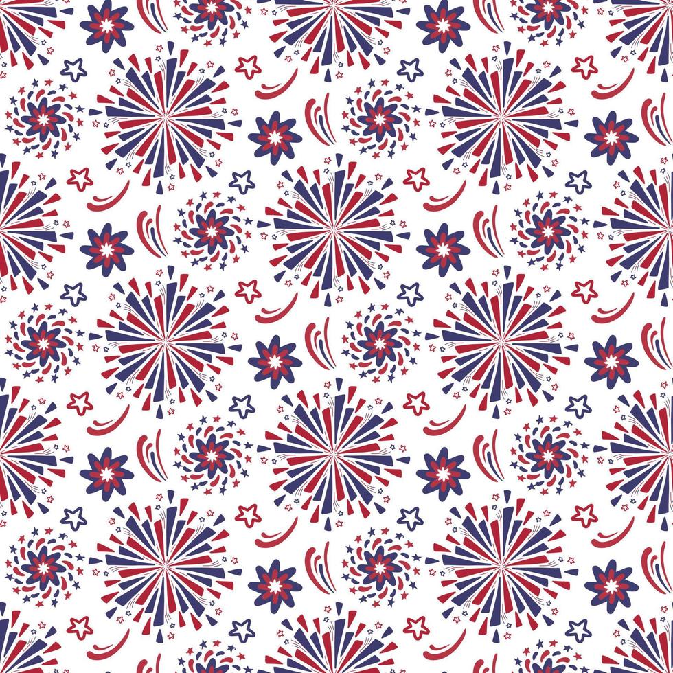 Hand drawn vector fireworks seamless pattern background.  Red and blue color of American flag for 4th of July Festival firework explosions on white backdrop