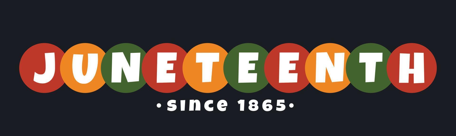 Juneteenth, since 1865 text lettering logo. Typography abstract bright logo design for greeting card, poster, banner. Vector illustration isolated on black background.