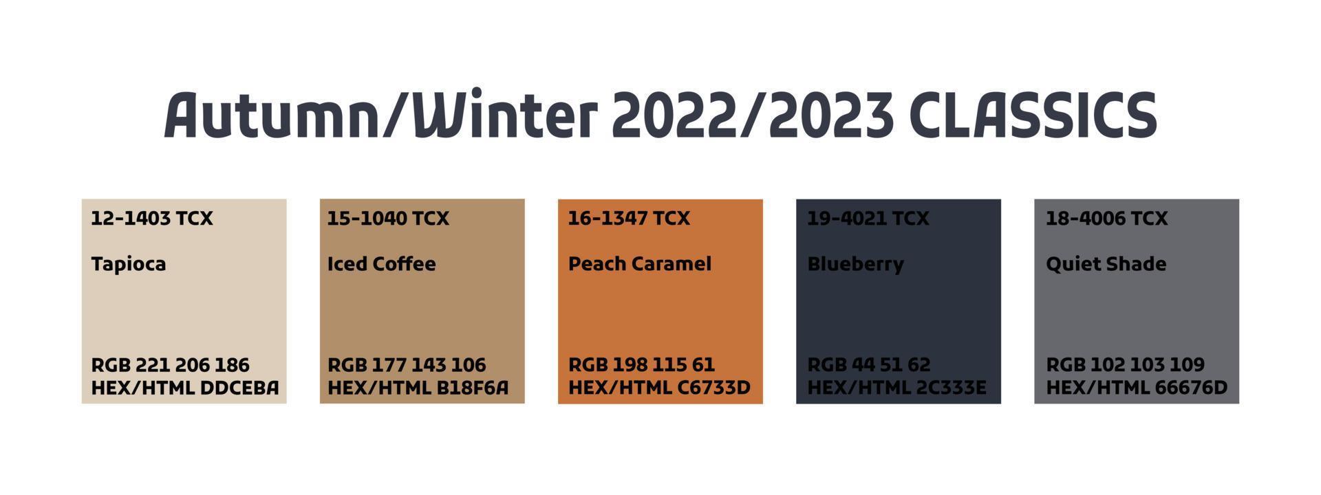 Fashion color trend Autumn Fall Winter 2022 2023. Forecast Color palette of the future trendy colors. swatch collection set with text name RGB HEX color codes. Vector illustration isolated.