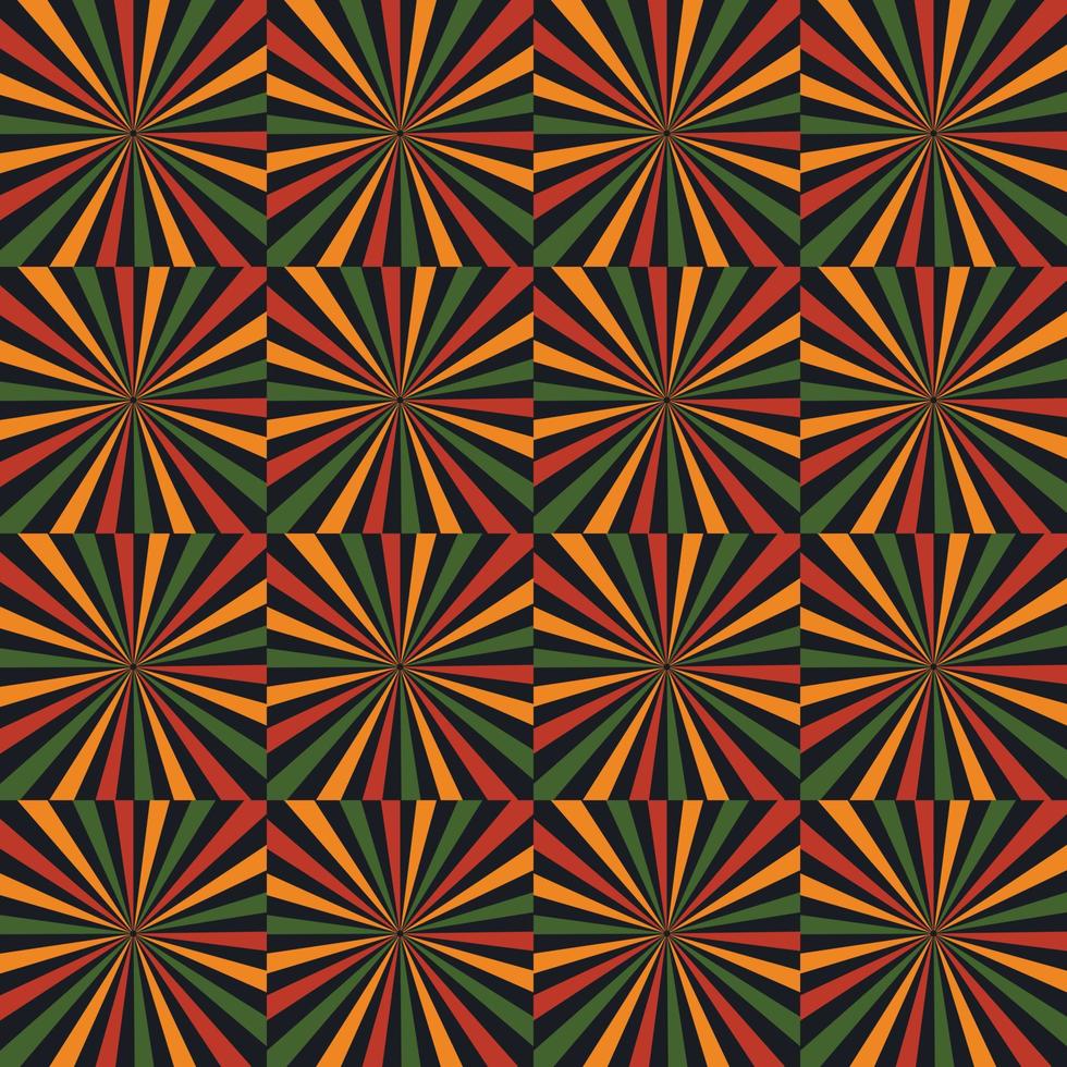 Vector abstract pattern with squares with star burst lines in color of Pan African flag - red, yellow, black, red. Background design for Juneteenth, Kwanzaa, Black History Month. Simple repeat print