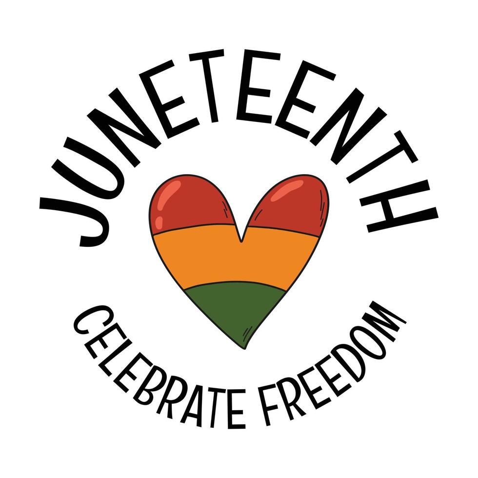 Lindo vector de dibujos animados corazón rayado dibujado a mano en color de la bandera africana - rojo, amarillo, verde. El diecinueve de junio celebra el diseño del logotipo redondo de la libertad.