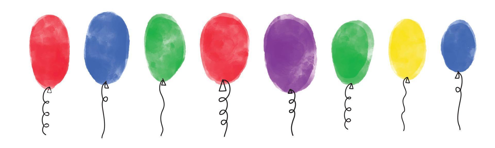 Set of cute vector watercolor textured balloons from watercolour paint stains with black curly string. Clip art collection of artistic creative baloons for holiday design.