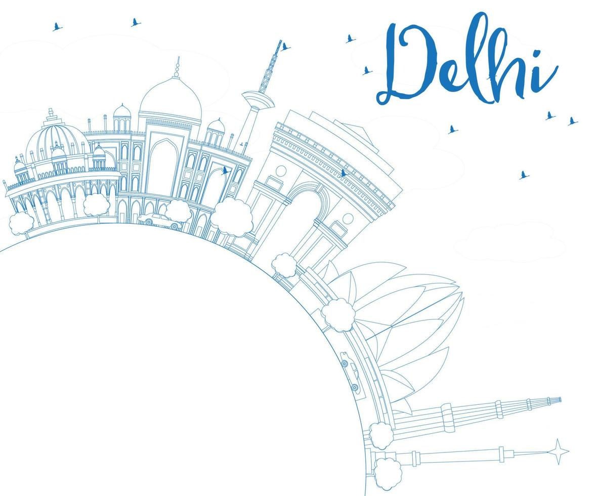 delinee el horizonte de delhi con edificios azules y copie el espacio. vector