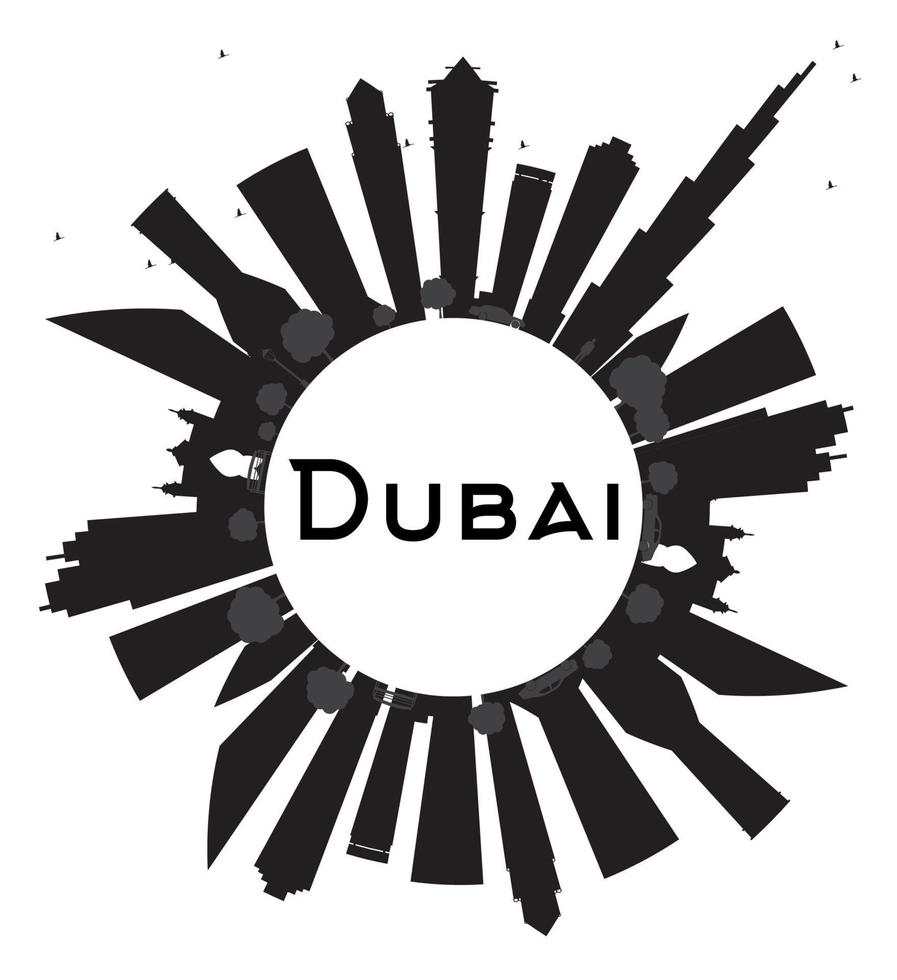 silueta en blanco y negro del horizonte de la ciudad de dubai y espacio de copia. vector