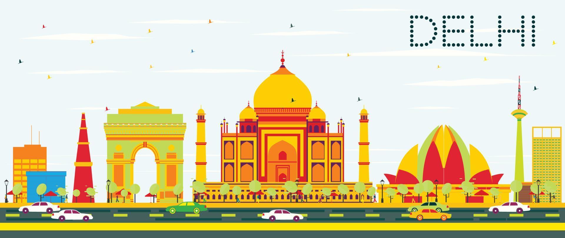 Delhi Skyline with Color Buildings and Blue Sky. vector