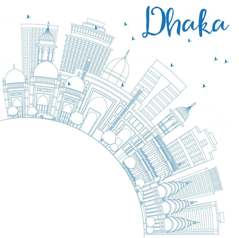 Outline Dhaka Skyline with Blue Buildings and Copy Space. vector