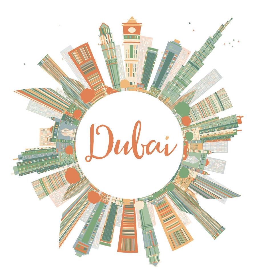 Abstract Dubai City Skyline with Color Skyscrapers and Copy Space. vector