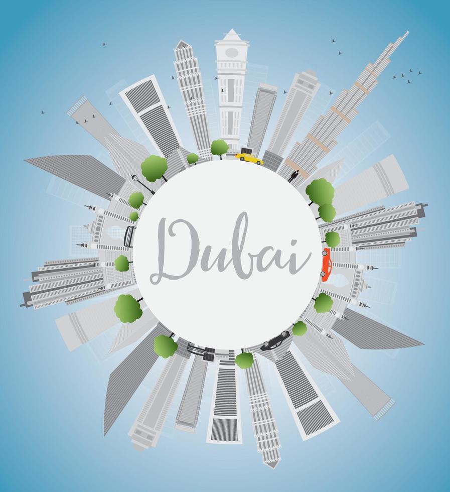 Dubai City Skyline with Gray Skyscrapers, Blue Sky and Copy Space. vector