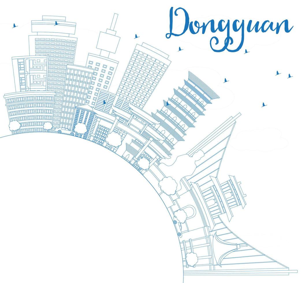 esbozar el horizonte de dongguan con edificios azules y espacio de copia. vector