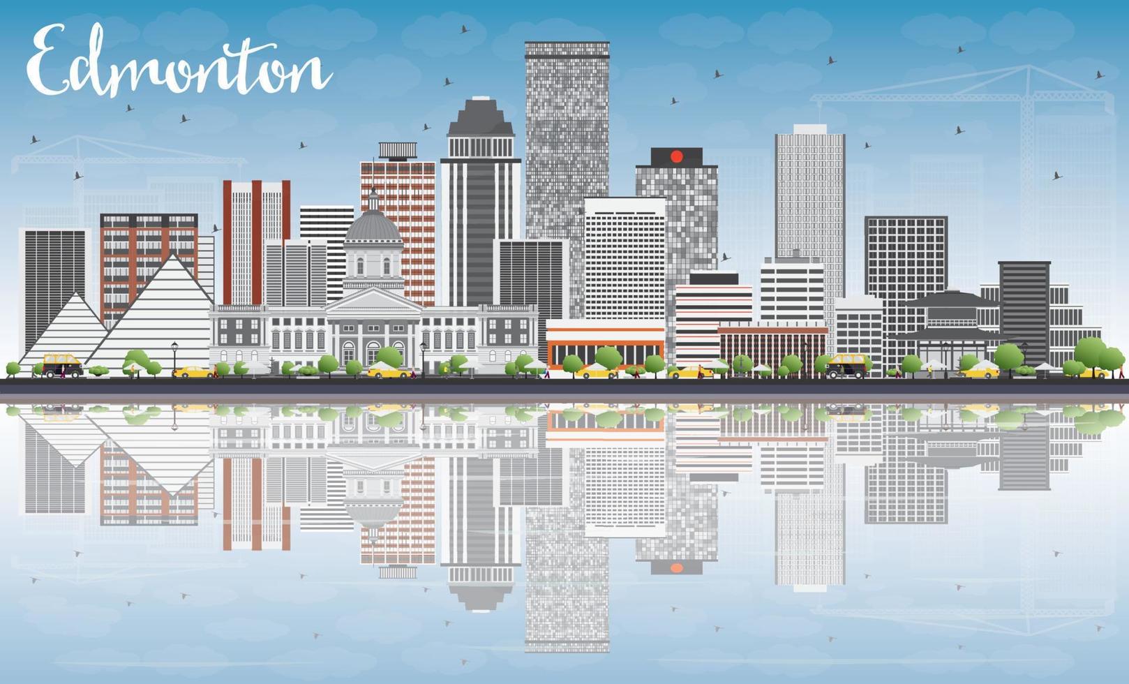 Edmonton Skyline with Gray Buildings, Blue Sky and Reflections. vector