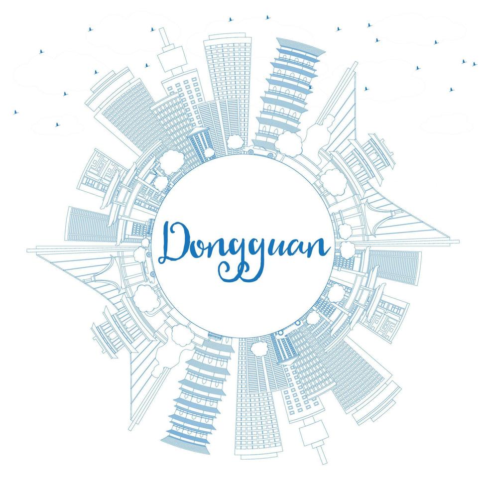 Outline Dongguan Skyline with Blue Buildings and Copy Space. vector