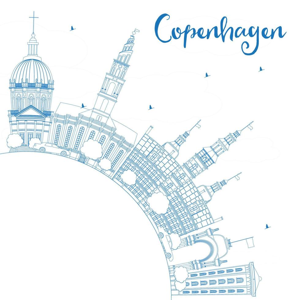 delinee el horizonte de copenhague con puntos de referencia azules y copie el espacio. vector