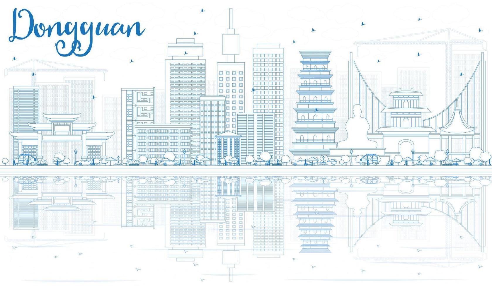 Outline Dongguan Skyline with Blue Buildings and Reflections. vector