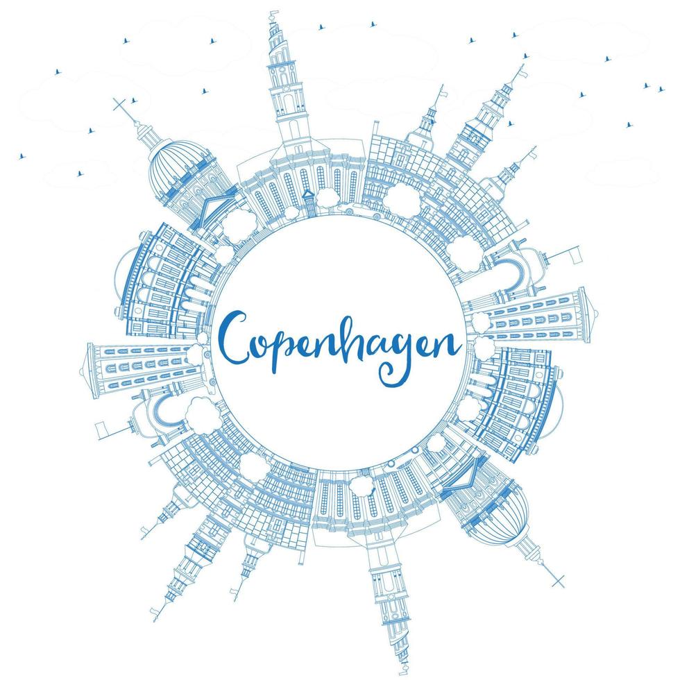 Outline Copenhagen Skyline with Blue Landmarks and Copy Space. vector