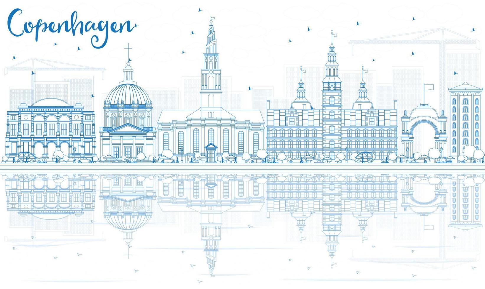 Outline Copenhagen Skyline with Blue Landmarks and Reflections. vector