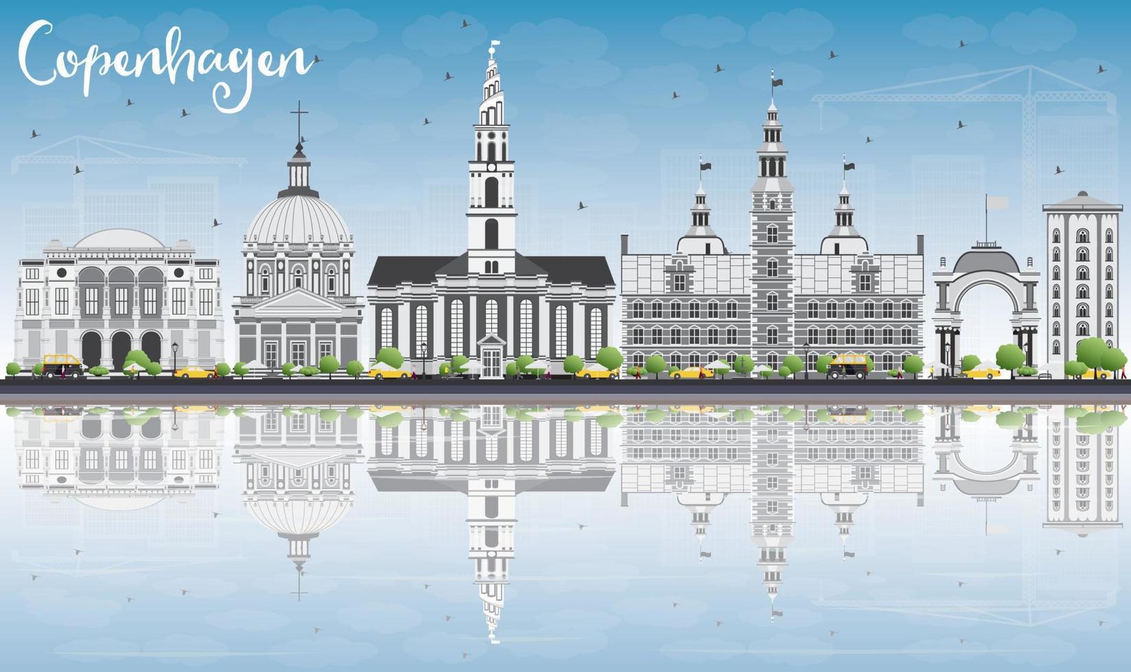 Copenhagen Skyline with Gray Landmarks, Blue Sky and Reflections. vector