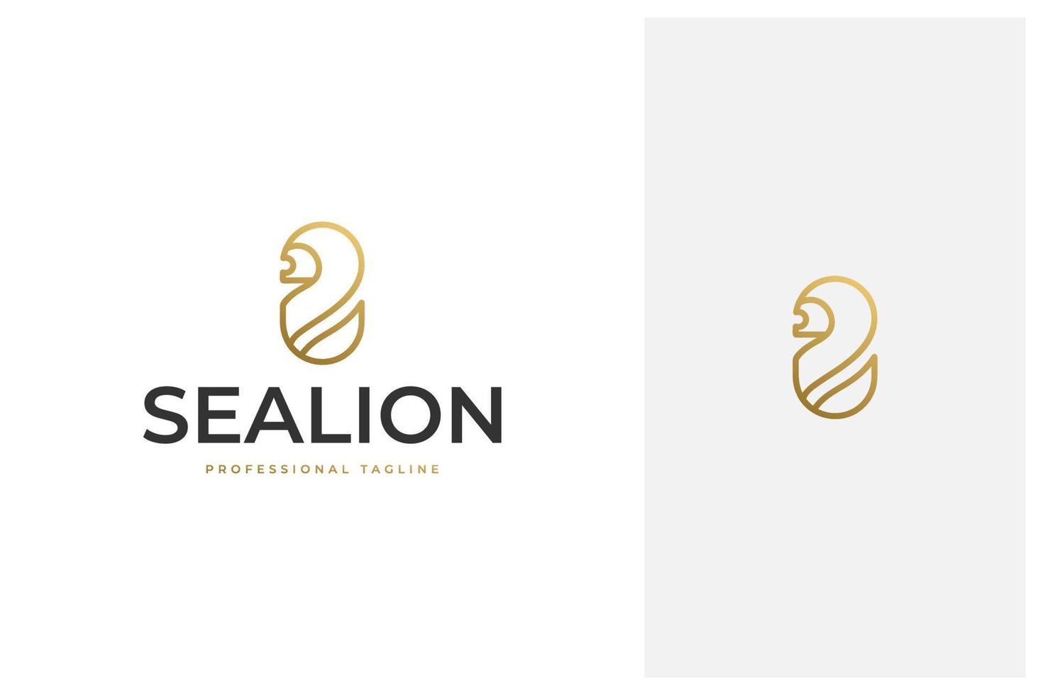 diseño de logotipo de vector de león marino de lujo mínimo y simple en estilo de contorno de arte lineal con color dorado