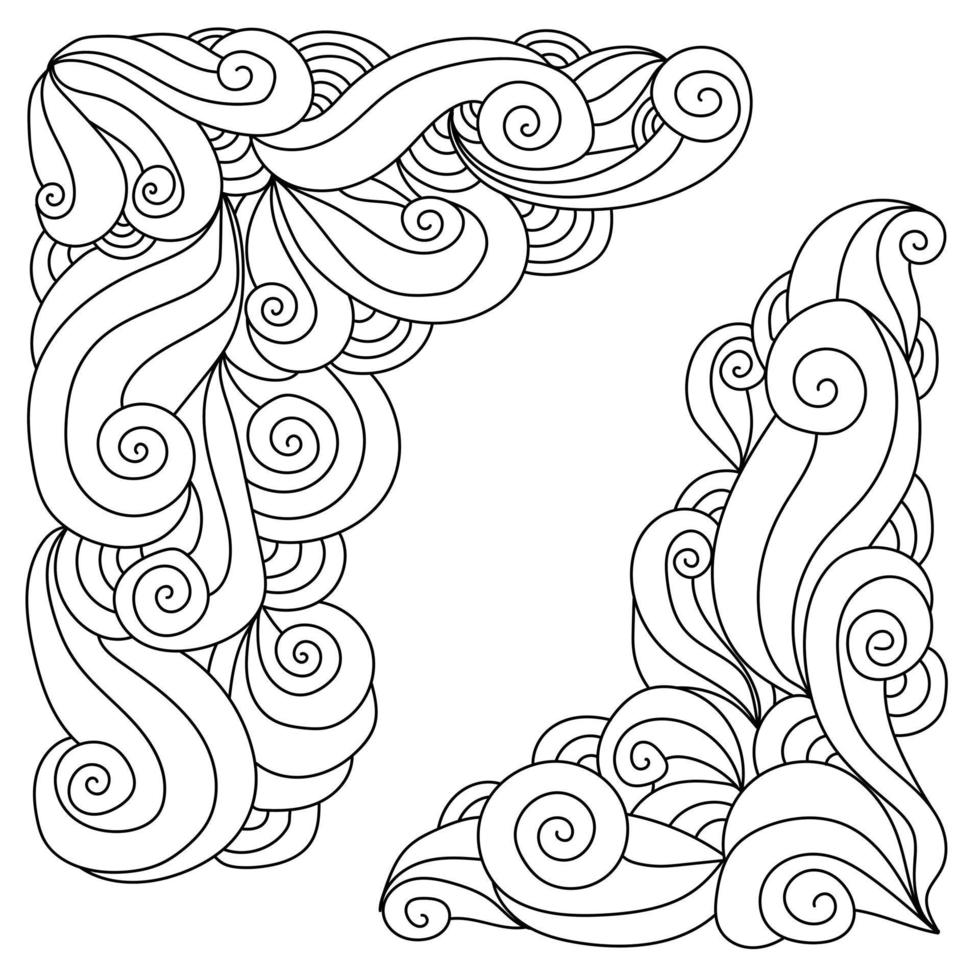 Zen doodle corners with curls and spirals, meditative coloring or design element vector