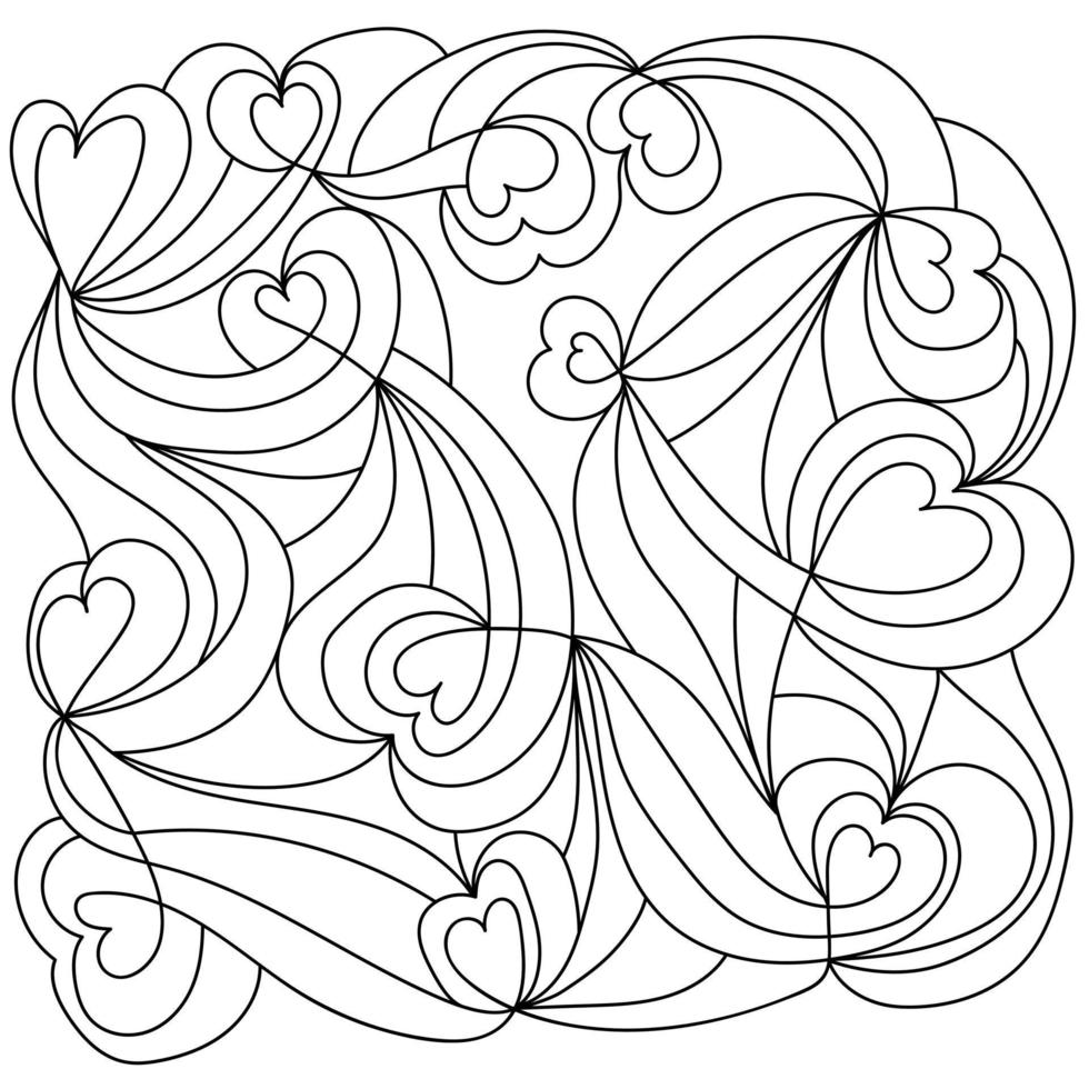 Abstract coloring page with hearts and curls, antistress coloring book for adults and children vector