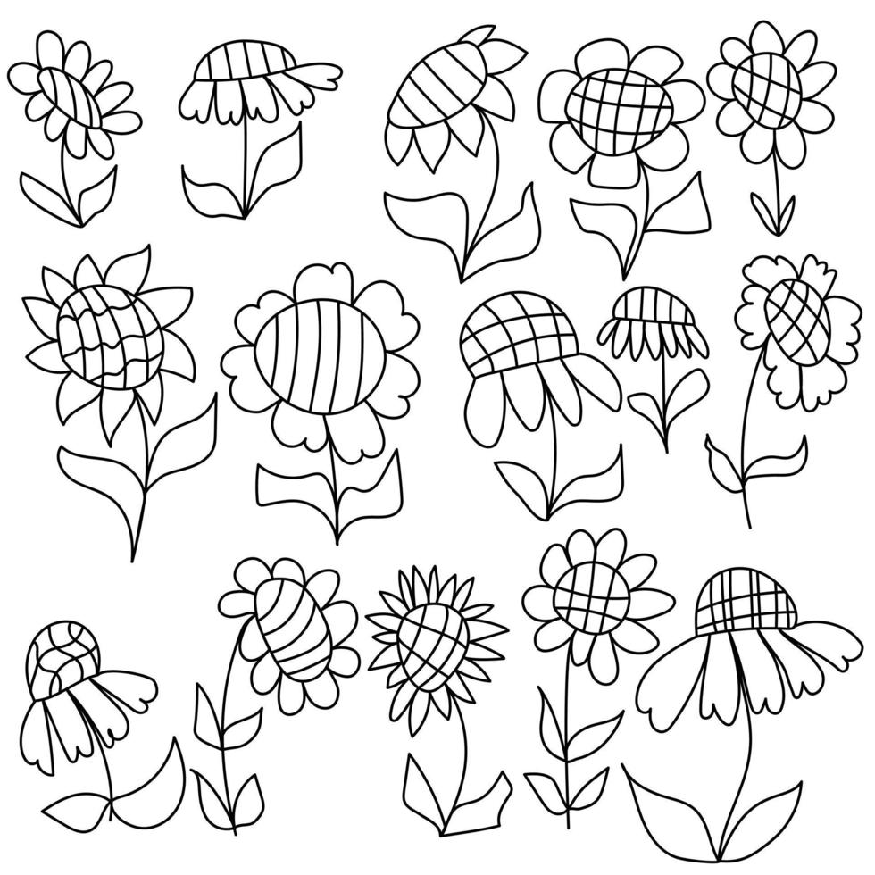Set of outline doodle sunflowers, stylized flowers for coloring page or design vector