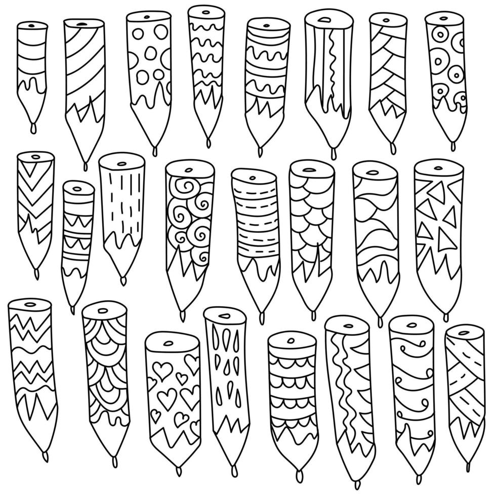 Doodle style outline pencil set, ornate office supplies vector