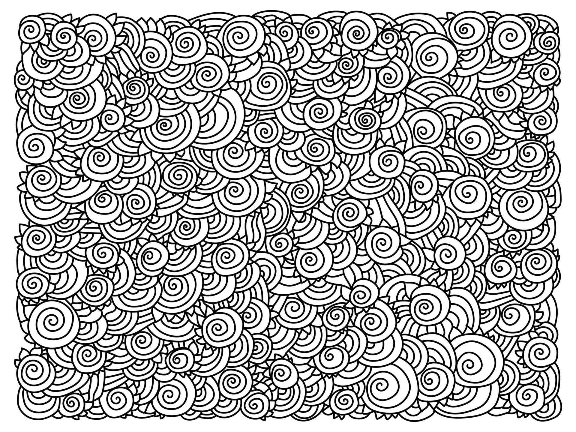Abstract meditative coloring page with ornate patterns of spirals and