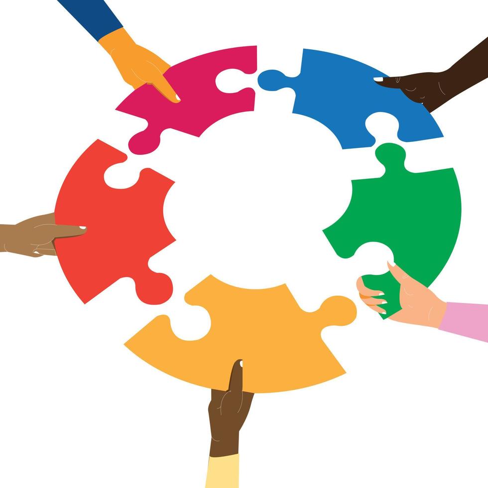 Missing link.Arms of hands of people or colleagues of diverse culture holding jigsaw puzzle pieces that connect.Problem solving.Teamwork.Union.Collaborating.Strategy.Banner copy space vector