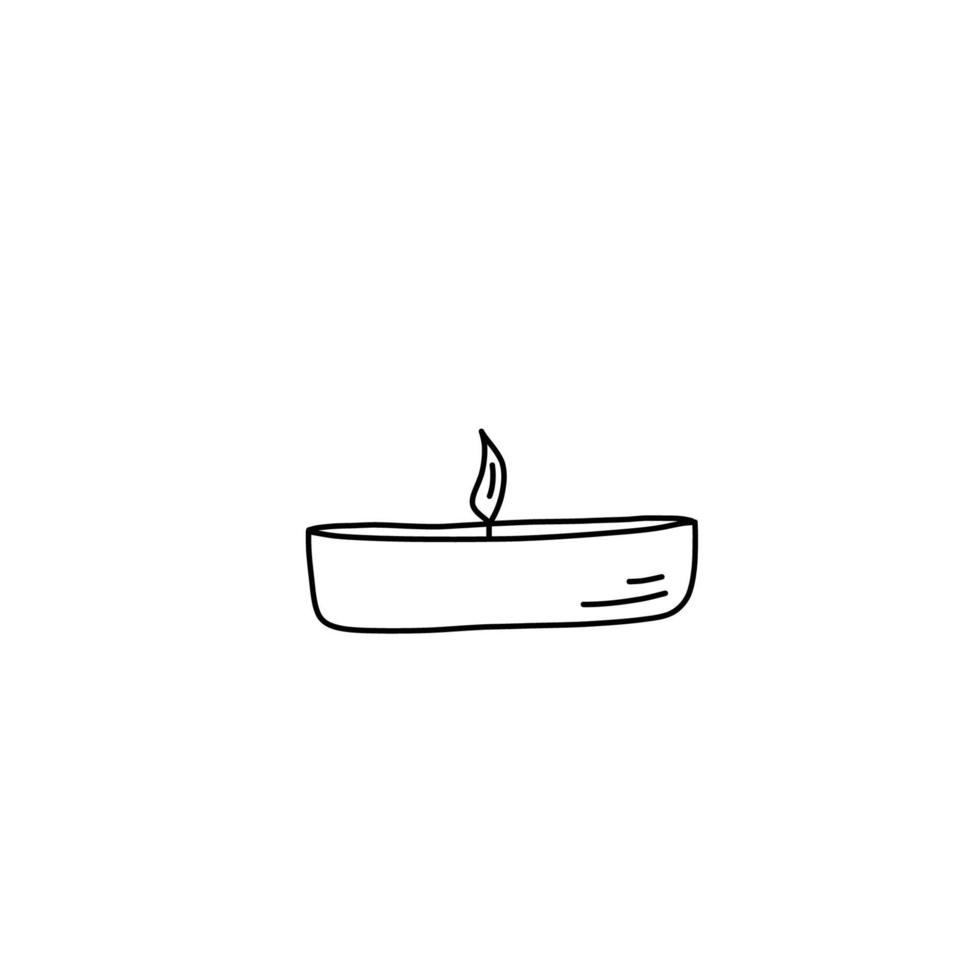 Burning tea light candle isolated on white background, doodle style vector