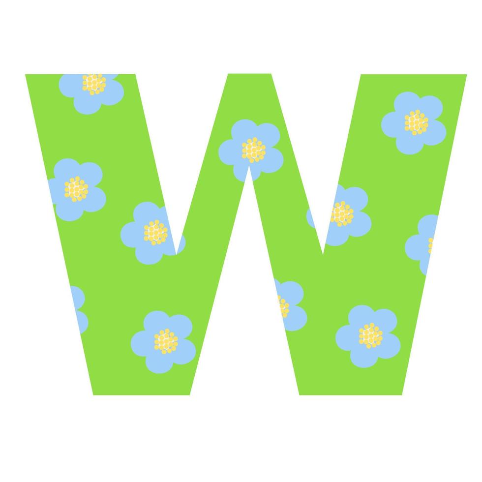 capital verde brillante decorado con flores de primavera letra dibujada a mano w del alfabeto inglés ilustración de vector de estilo de dibujos animados simple, abc caligráfico, escritura graciosa linda, garabato y letras
