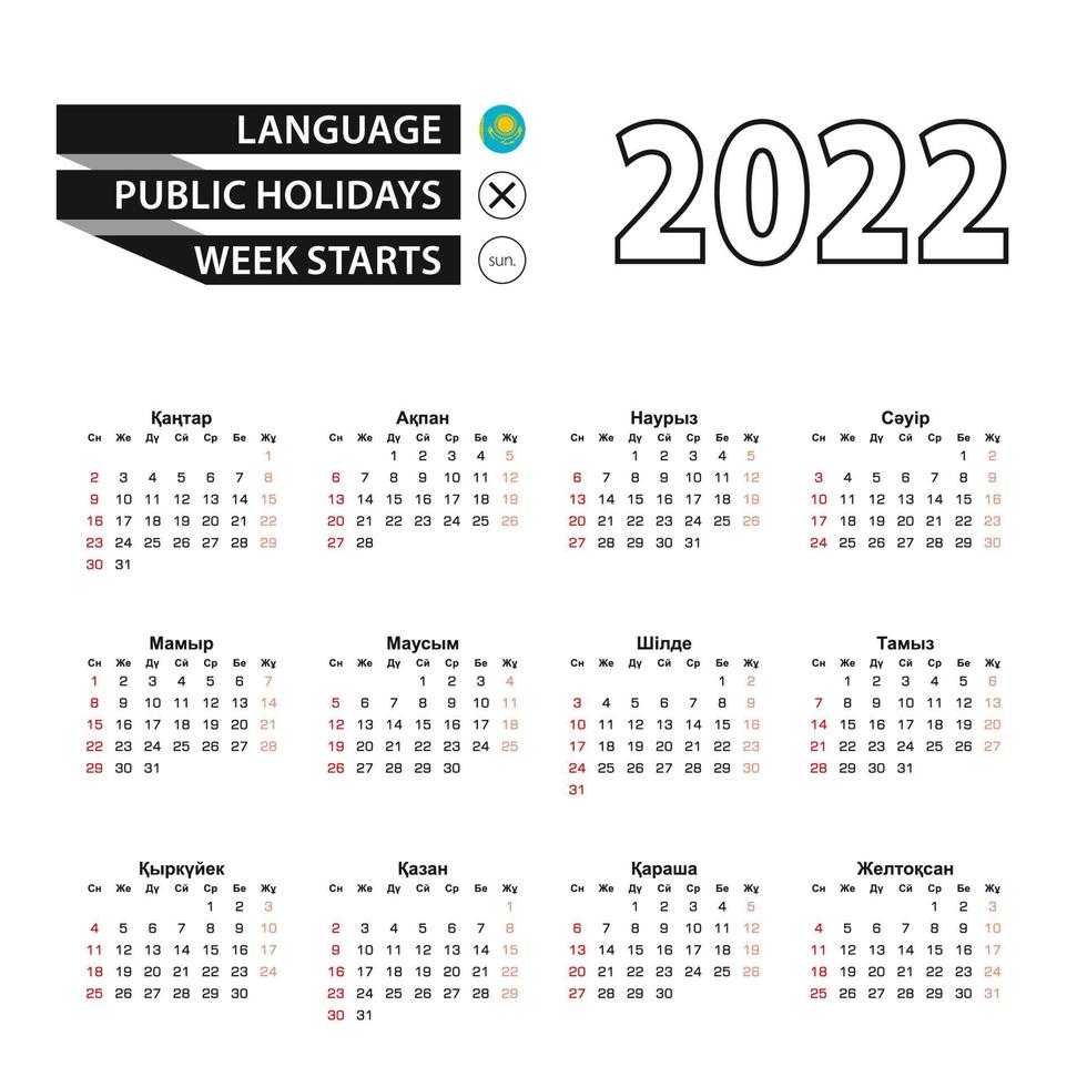 Calendario 2022 en idioma kazajo, la semana comienza el domingo. vector