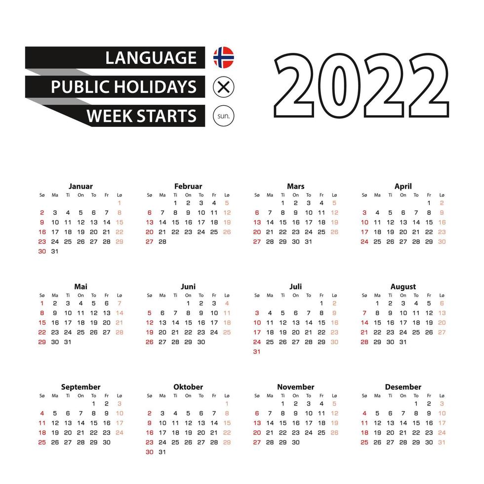 2022 calendar in Norwegian language, week starts from Sunday. vector